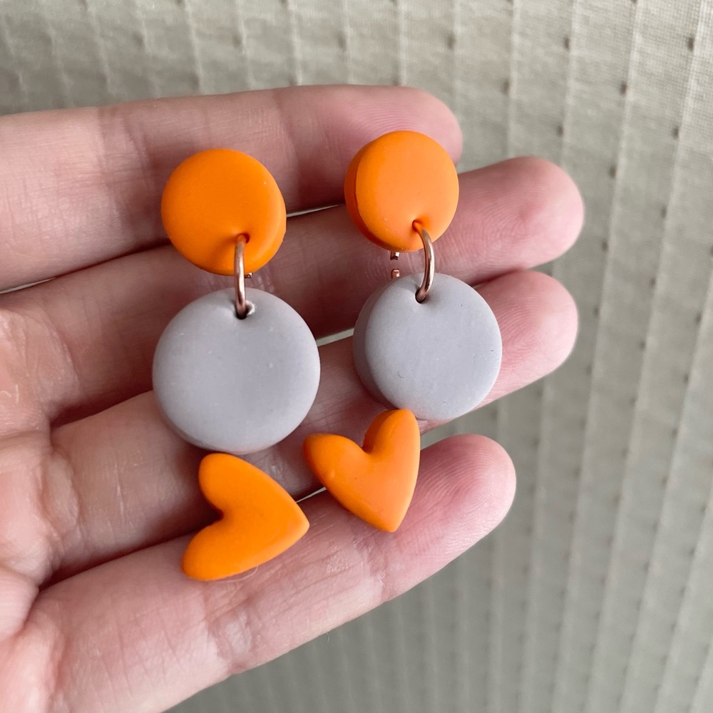 Orange and gray circular and heart stud polymer clay earrings set